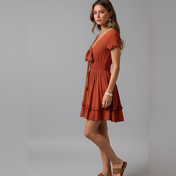 Boho Rust Tie Front Ruffle Hem Dress* - Picture 2 of 9